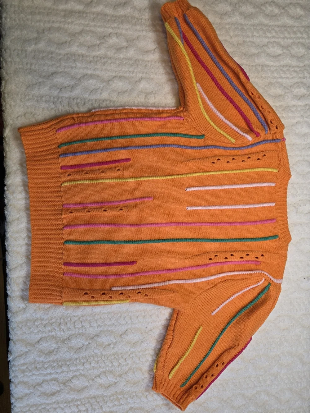 THML Bright Orange Short-Sleeve Crewneck Sweater with Multicolor Raised Stripes - Picture 5 of 5